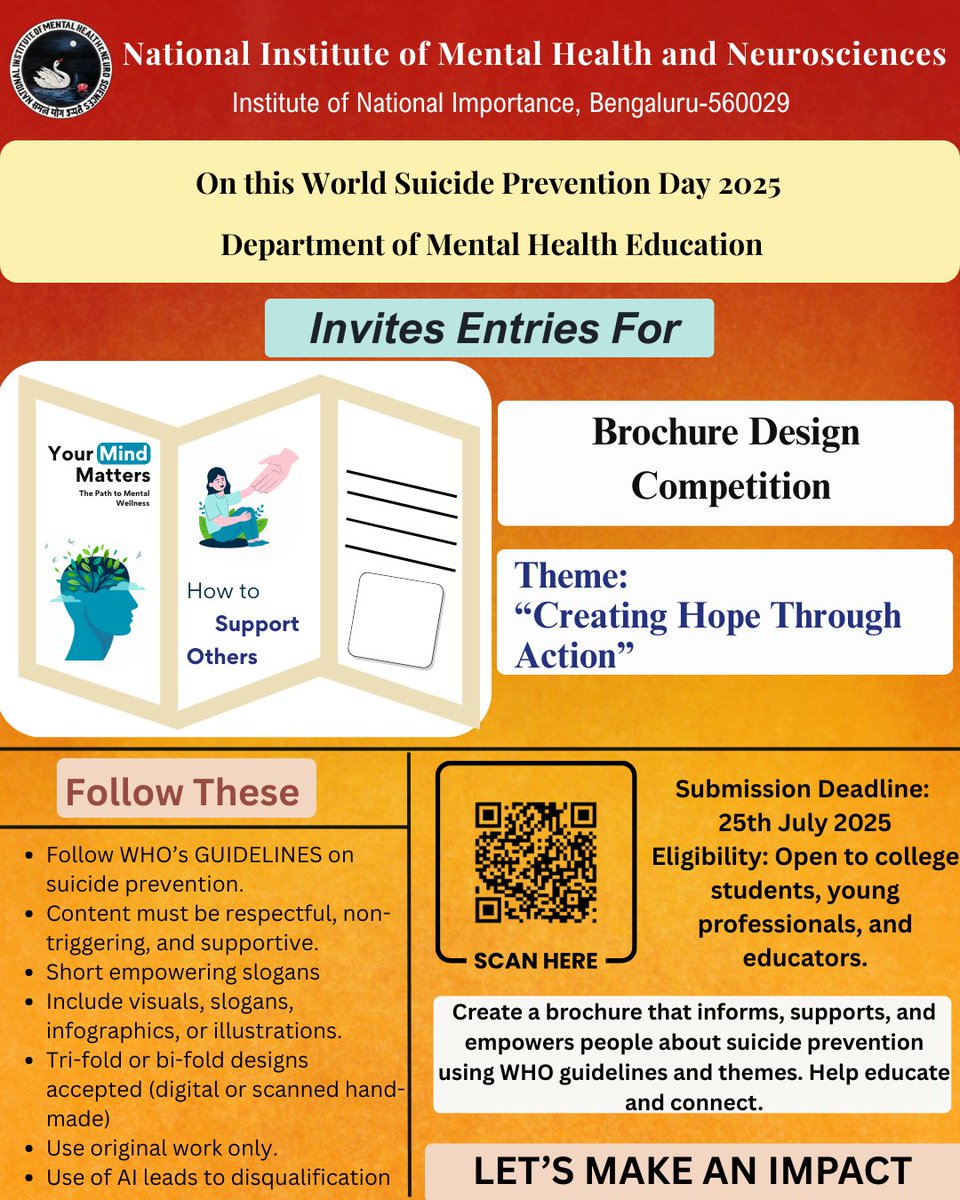 NIMHANS_BLR's tweet image. Calling all artists, creators, and changemakers! 🌱✨
On World Suicide Prevention Day 2025, @mheduNIMHANS invites you to participate in Poster, Badge, Brochure, and Wristband competitions on the theme “Creating Hope Through Action.”
📅 Last date to submit: 25th July 2025.