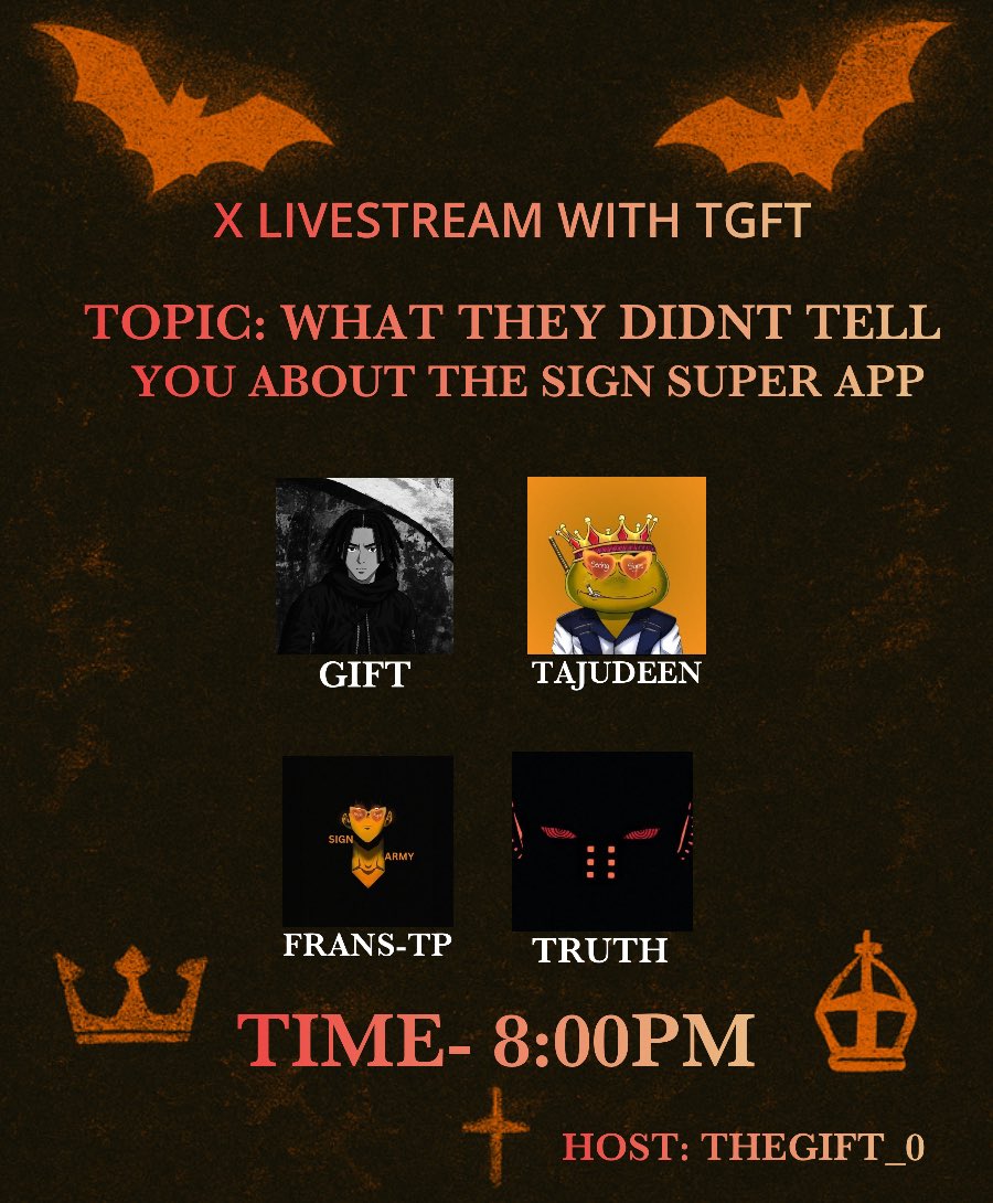 𝐓𝐇𝐄 𝐓𝐑𝐔𝐓𝐇 𝐓𝐇𝐄𝐘 𝐇𝐈𝐃 𝐈𝐒 𝐂𝐎𝐌𝐈𝐍𝐆 𝐎𝐔𝐓 🦇🧡

They told you about the Sign Super App… but not everything.
Tonight, we uncover what they didn’t want you to know.

🎙️ LIVE with TGFT

🔥 Featuring: GIFT • TAJUDEEN • FRANS-TP • TRUTH

🕗 Time: 8:00PM

👁️ Only