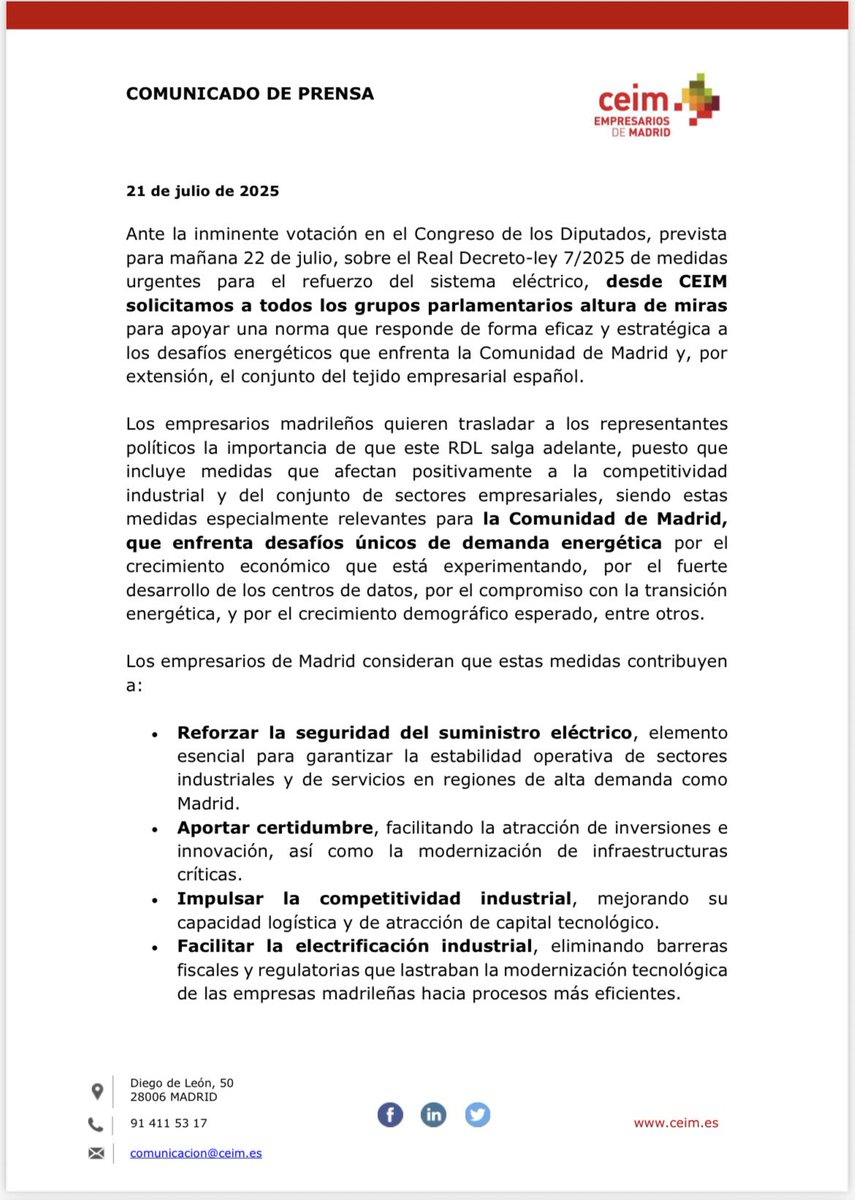 _CEIM_'s tweet image. #ComunicadoCEIM | Ante la inminente votación en el Congreso de los Diputados sobre el #RDL de medidas urgentes para el refuerzo del sistema eléctrico, desde @_CEIM_ solicitamos a todos los grupos parlamentarios altura de miras para apoyar una norma que responde de forma eficaz y…