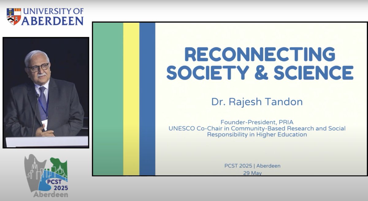 Rajesh Tandon (@rtandon_pria) on Twitter photo Delighted to share with you a recording of my keynote address at the <a href="/aberdeenuni/">University of Aberdeen</a> conference on <a href="/PCSTNetwork/">PCSTNetwork</a> in May 2025 - tinyurl.com/Aberdeen-conf
<a href="/UNESCOchairCBR/">UNESCO Chair in CBR & Social Responsibility of HE</a> <a href="/JohnGaventa/">John Gaventa</a> <a href="/UKRI_News/">UK Research and Innovation</a> <a href="/ValeGhibellini/">Valentina</a> <a href="/EileenHoffler1/">Eileen Hoffler</a> <a href="/GiovannaGrossi1/">Giovanna Grossi</a> <a href="/droimarais/">Deirdre Ní Loingsigh</a> <a href="/OBhriain/">Orfhlaith Ni Bhriain</a> <a href="/UL/">University Of Limerick</a> <a href="/navina_sarma/">Navina Sarma</a> Delighted to share with you a recording of my keynote address at the <a href="/aberdeenuni/">University of Aberdeen</a> conference on <a href="/PCSTNetwork/">PCSTNetwork</a> in May 2025 - tinyurl.com/Aberdeen-conf
<a href="/UNESCOchairCBR/">UNESCO Chair in CBR & Social Responsibility of HE</a> <a href="/JohnGaventa/">John Gaventa</a> <a href="/UKRI_News/">UK Research and Innovation</a> <a href="/ValeGhibellini/">Valentina</a> <a href="/EileenHoffler1/">Eileen Hoffler</a> <a href="/GiovannaGrossi1/">Giovanna Grossi</a> <a href="/droimarais/">Deirdre Ní Loingsigh</a> <a href="/OBhriain/">Orfhlaith Ni Bhriain</a> <a href="/UL/">University Of Limerick</a> <a href="/navina_sarma/">Navina Sarma</a>