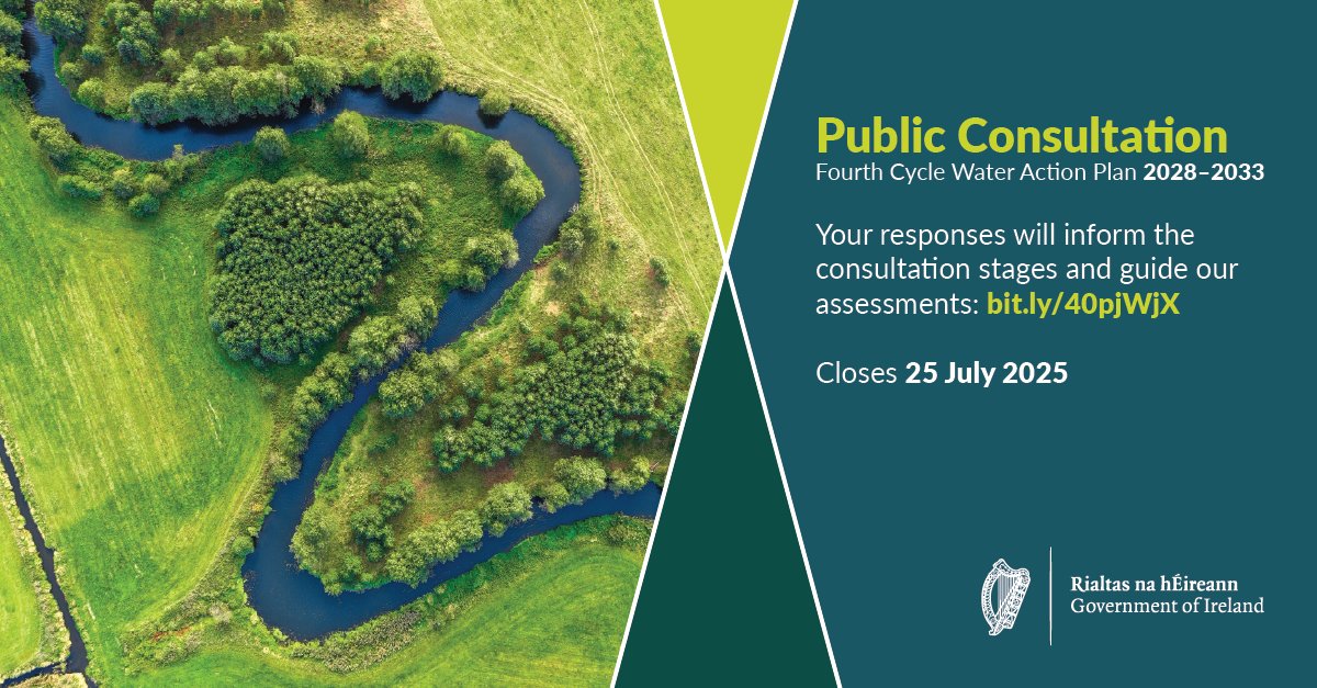 DeptHousingIRL's tweet image. Closing this Friday July 25th!
We want to hear from you. Members of the public are invited to make submissions, observations and comments on the development of the fourth-cycle Water Action Plan bit.ly/4kB3Pbp