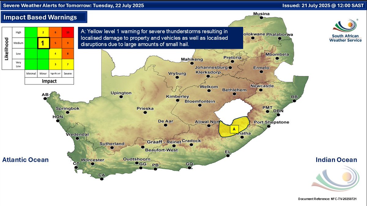 Weather outlook for today &amp; tomorrow, 21 - 22 July 2025.
Isolated to scattered showers &amp; thundershowers are expected over the central, eastern &amp; southern parts of the country, with possible severe thunderstorms over the extreme eastern parts of the Eastern Cape. 
#saws