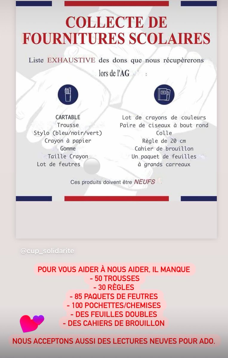 CupSolidarite's tweet image. Après un inventaire complet de vos incroyables dons, voici ce qu’il
Nous manque pour faire des cartables complets.
80 cartables ont été commandés grâce à vos dons financiers 🔴🔵 merci 🙏🏾