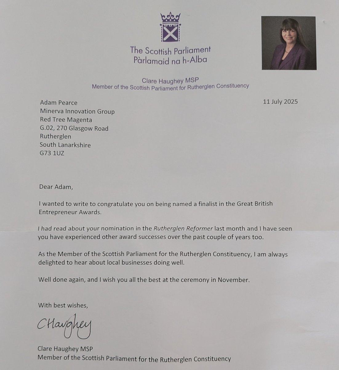 Minerva Innovation Group (@minervainnovati) on Twitter photo Honoured by the ongoing recognition <a href="/MinervaInnovati/">Minerva Innovation Group</a> receives from local leaders!
"After last week’s encounter with FM <a href="/JohnSwinney/">John Swinney</a>, I’m humbled to receive this letter from <a href="/haughey_clare/">Clare Haughey MSP</a> congratulating me on being a finalist in <a href="/EntrepreneursGB/">Great British Entrepreneur Awards & Community</a> (...)"👇
shorturl.at/BUQWK Honoured by the ongoing recognition <a href="/MinervaInnovati/">Minerva Innovation Group</a> receives from local leaders!
"After last week’s encounter with FM <a href="/JohnSwinney/">John Swinney</a>, I’m humbled to receive this letter from <a href="/haughey_clare/">Clare Haughey MSP</a> congratulating me on being a finalist in <a href="/EntrepreneursGB/">Great British Entrepreneur Awards & Community</a> (...)"👇
shorturl.at/BUQWK