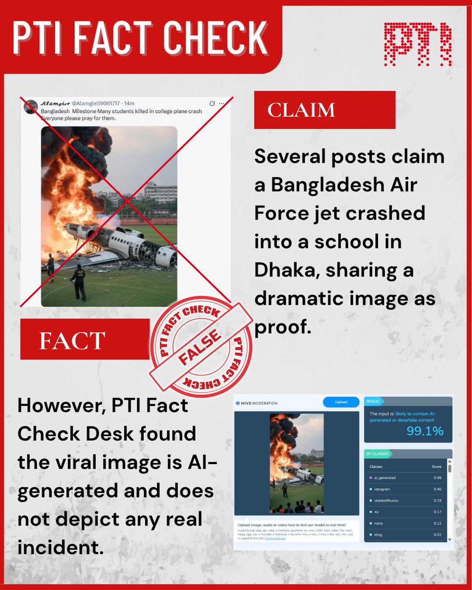 PTI Fact Check | A social media user shared a photo claiming it showed the Bangladesh Air Force jet crash in Dhaka.

#PTIFactCheck found the image is AI-generated and unrelated to Monday’s incident in Dhaka.

#PTI #FactCheck #AIgenerated #bangladeshplanecrash