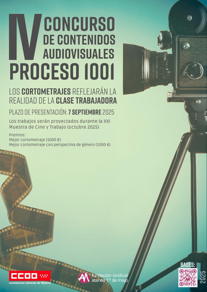 🎞️Concurso de Contenidos Audiovisuales Proceso1001

📽️Los cortometrajes que opten al concurso deberán tratar de reflejar la realidad de la clase trabajadora

🗓️Plazo de presentación: hasta el 7SEPT

👇Bases e info:
madrid.ccoo.es/cms.php?cd_cms…