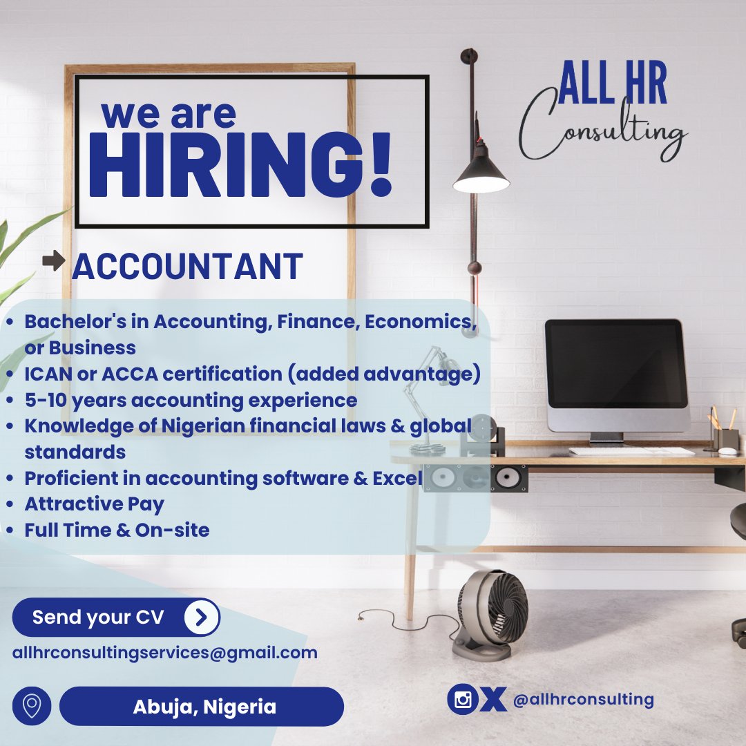 ALLHRConsulting's tweet photo. We're Hiring – Accountant 📍Abuja
Are you a seasoned Accountant with a passion for accuracy and integrity? Join a dynamic team and take your career to the next level!

📌 Location: Abuja

#Hiring #Accountant #FinanceJobs #AbujaJobs #JoinOurTeam #CareerOpportunity #AllHRConsulting https://t.co/ltyaQj6l9H