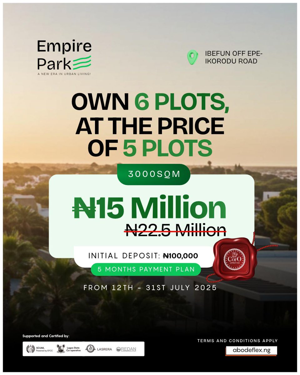 Realtor Seyisoft ๐ฅโค๐ณ๐ฌ (@seyisoft1) on Twitter photo ๐ก Empire Park, Ibefun (Off Epe-Ikorodu Rd)
Dry land | C of O | Family-friendly estate
300sqm โ โฆ1.5M | 500sqm โ โฆ2.5M
Acre Deal: โฆ15M (All Inclusive)
Deposit: โฆ100k only
Top location | Fast growth
DM to secure your plot!
<a href="/_MayowaSam/">BlackLuna</a> <a href="/Ugochukwu_96/">๐ Pharaoh ๐</a> @abiolablackdiva <a href="/anic4uu/">Ebuka The Big Head ๐งก</a> ๐ก Empire Park, Ibefun (Off Epe-Ikorodu Rd)
Dry land | C of O | Family-friendly estate
300sqm โ โฆ1.5M | 500sqm โ โฆ2.5M
Acre Deal: โฆ15M (All Inclusive)
Deposit: โฆ100k only
Top location | Fast growth
DM to secure your plot!
<a href="/_MayowaSam/">BlackLuna</a> <a href="/Ugochukwu_96/">๐ Pharaoh ๐</a> @abiolablackdiva <a href="/anic4uu/">Ebuka The Big Head ๐งก</a>