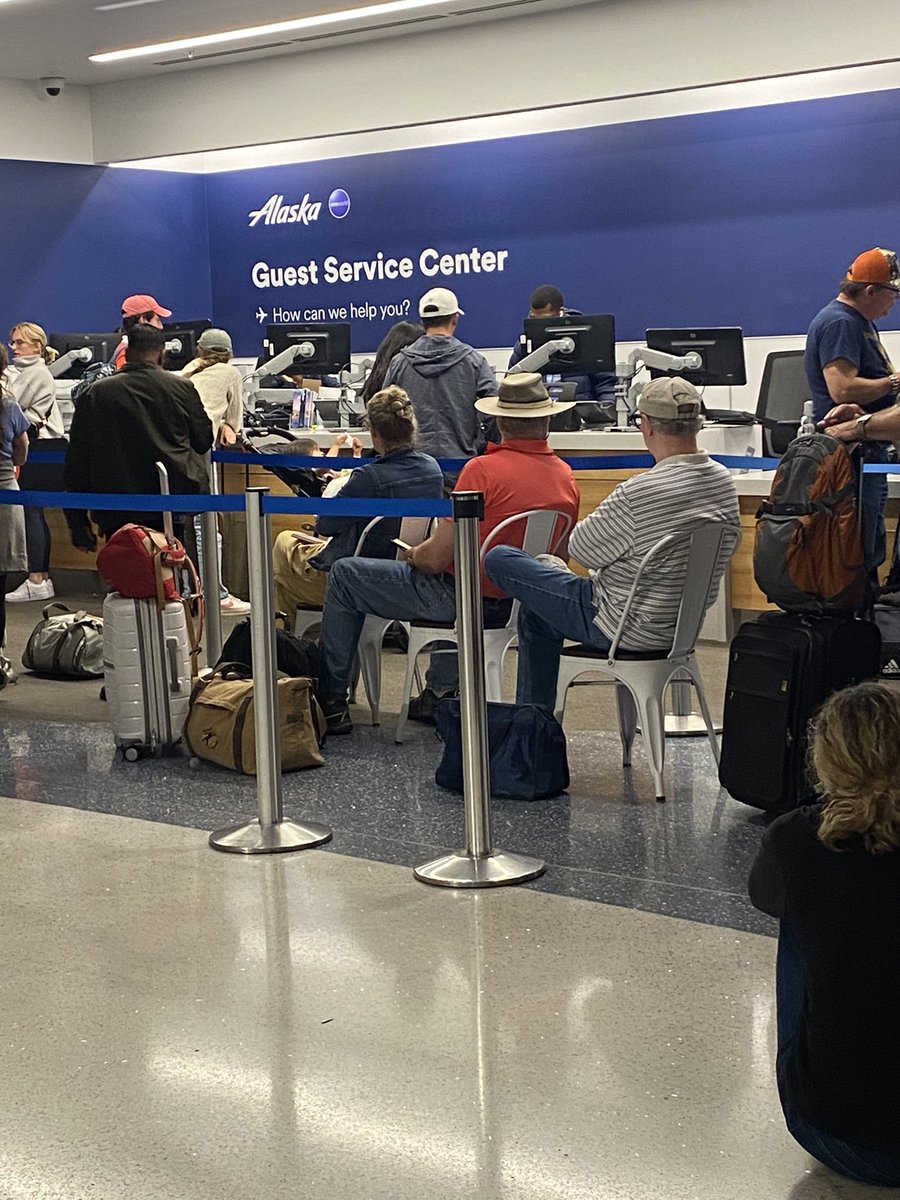 Could Be The Move (@couldbethemove) on Twitter photo In Seattle for this <a href="/AlaskaAir/">Alaska Airlines</a> fiasco. The customer service line is, no exaggeration, 3+ hours long. Squad here said fuck it and grabbed a couple chairs. In Seattle for this <a href="/AlaskaAir/">Alaska Airlines</a> fiasco. The customer service line is, no exaggeration, 3+ hours long. Squad here said fuck it and grabbed a couple chairs.