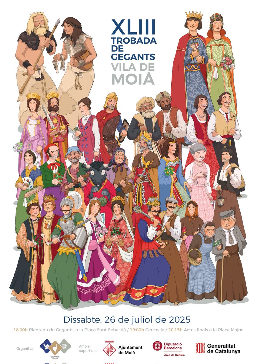 👑🏺 Us presentem el cartell de la 𝟰𝟯𝗮 𝗧𝗿𝗼𝗯𝗮𝗱𝗮 𝗱𝗲 𝗚𝗲𝗴𝗮𝗻𝘁𝘀 𝗱𝗲 𝗠𝗼𝗶à. 

📆 𝗗𝗶𝘀𝘀𝗮𝗯𝘁𝗲 𝟮𝟲 𝗱𝗲 𝗷𝘂𝗹𝗶𝗼𝗹, a partir de les 6 de la tarda, a la Plaça Sant Sebastià 

👉🏻 Amb la participació de quinze parelles de gegants vingudes d'arreu de Catalunya.