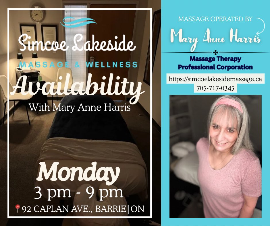 Back from the weekend chaos? Massage can ease tight shoulders, tired legs &amp; stress.
📍 Now booking in Barrie
🗓️ Mon, July 21 | 3–9pm
💆‍♀️ Same-day spots available
Mary Anne Harris, RMT
🔗 simcoelakesidemassage.ca
📞 705-717-0345