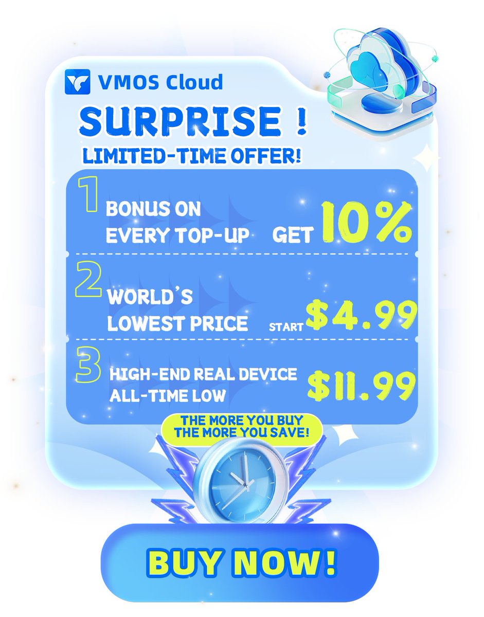 VMOSCloud's tweet image. 💹Happy July Top-up Event comes #vmoscloud !!
——[🍅TOP UP + Get 10% cash back to account]!
📱Best Price:  High-end real device NEW users can enjoy with $11.99~!!
🫂Fans Topup link: vmoscloud.com/?utm_source=X
👏Get the best antidetected tool to auto multi- accounts in one device.