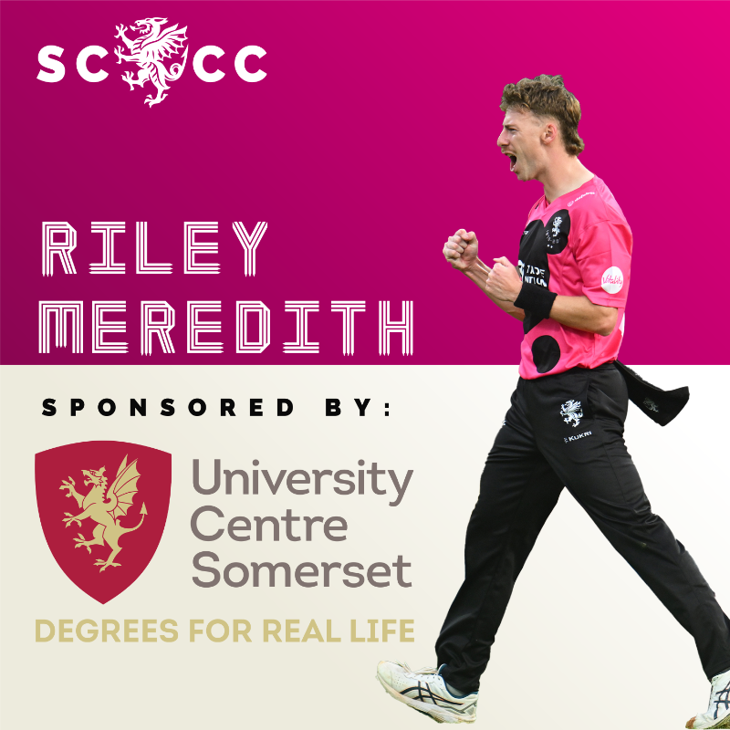 SomersetCCC's tweet photo. PLAYER SPONSORSHIP: Riley Meredith will be sponsored by University Centre Somerset for the 2025 season! 🤝

#WeAreSomerset