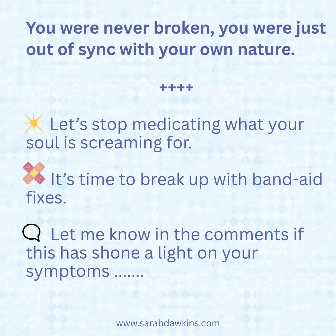 We're not born with a deficiency in medications.
Many of us are living with deep deficiencies in things that truly matter.
Your symptoms aren’t proof that your body is broken, they’re messages that your life might be out of alignment.
True healing is about listening to your body.