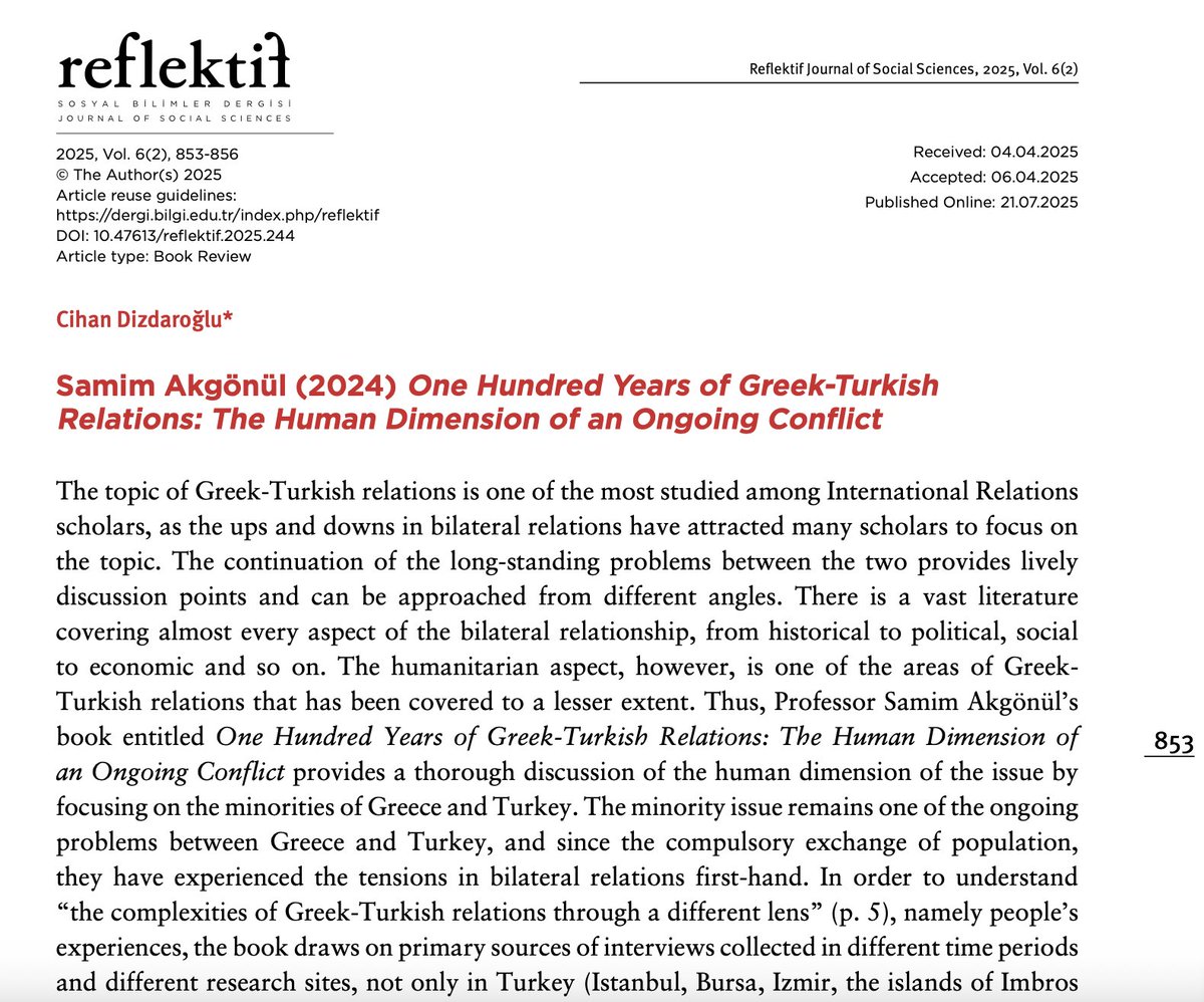 I reviewed <a href="/SamimAkgonul/">Samim Akgönül</a> ’s One Hundred Years of 🇬🇷-🇹🇷 Relations: The #Human Dimension of an Ongoing Conflict, published as a part of the #StudiesonModernTurkey Series of <a href="/EdinburghUP/">Edinburgh University Press</a>, for <a href="/ReflektifDergi/">Reflektif Sosyal Bilimler Dergisi</a> 

Read it here 👉dergi.bilgi.edu.tr/index.php/refl… 
#bookreview #Turkish #Greek