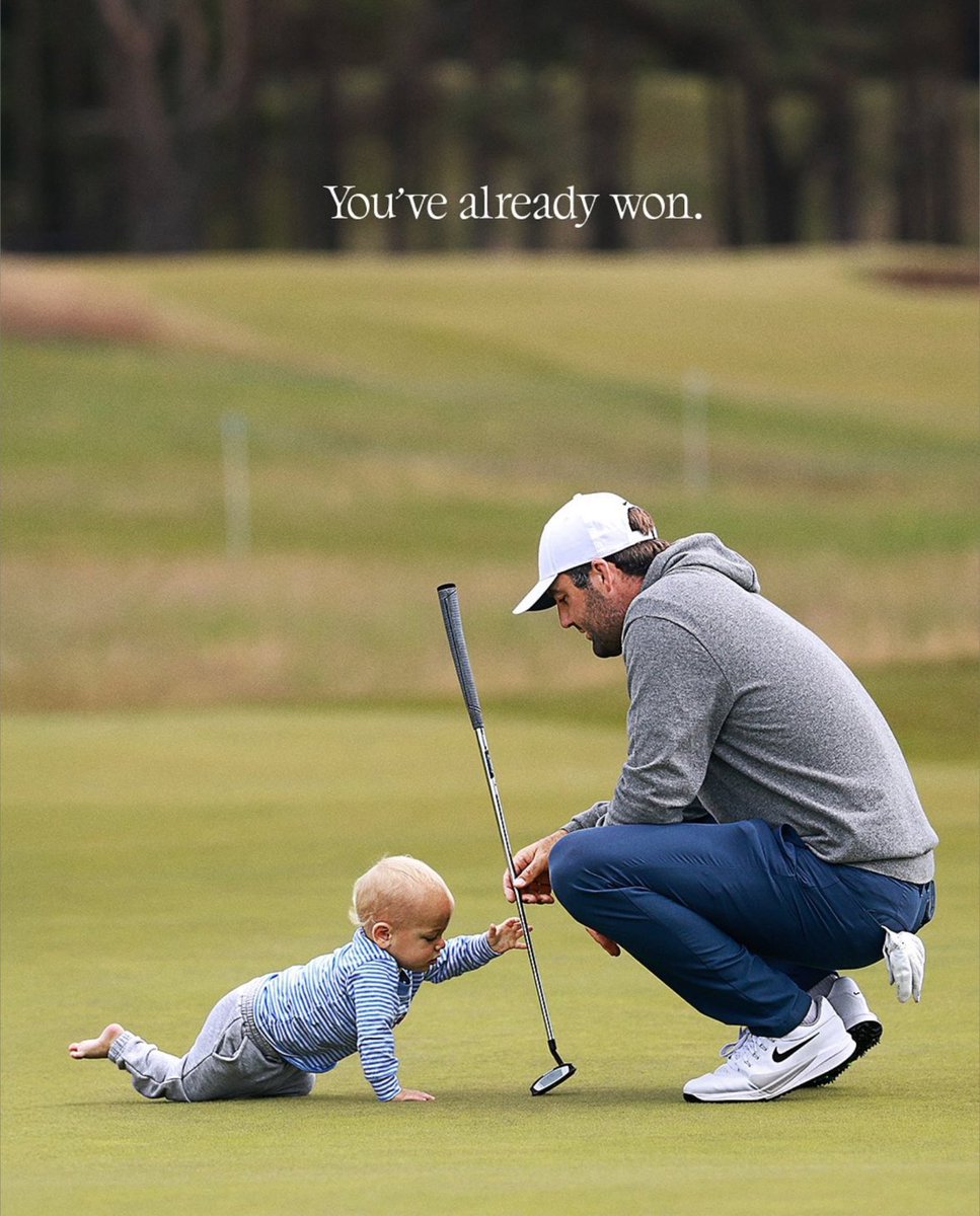 Nike’s image of Open Champion, Scottie Scheffler, and his baby son after Scheffler’s win at Royal Portrush on Sunday. 
The message? Your family is your success story.