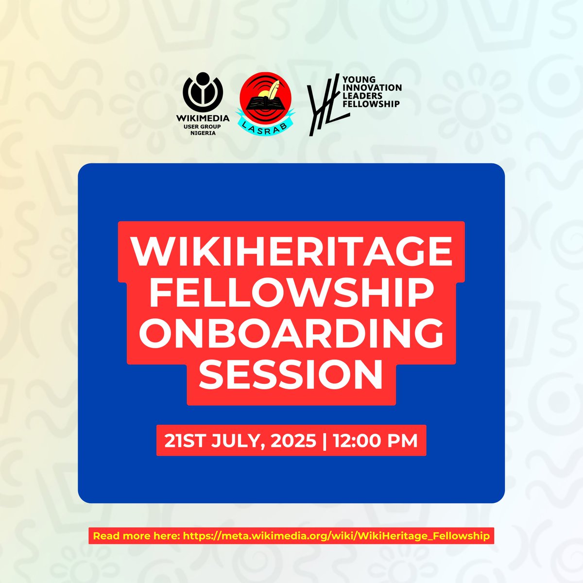 Wikimedia User Group Nigeria (@wikimediang) on Twitter photo 📢 The WikiHeritage Fellowship Onboarding Session is happening today!
We’re excited to kick off this journey with our newly selected fellows as they begin their work to preserve and promote Nigerian heritage through Wikimedia. 
Stay tuned for updates! 
#WikiHeritage 📢 The WikiHeritage Fellowship Onboarding Session is happening today!
We’re excited to kick off this journey with our newly selected fellows as they begin their work to preserve and promote Nigerian heritage through Wikimedia. 
Stay tuned for updates! 
#WikiHeritage
