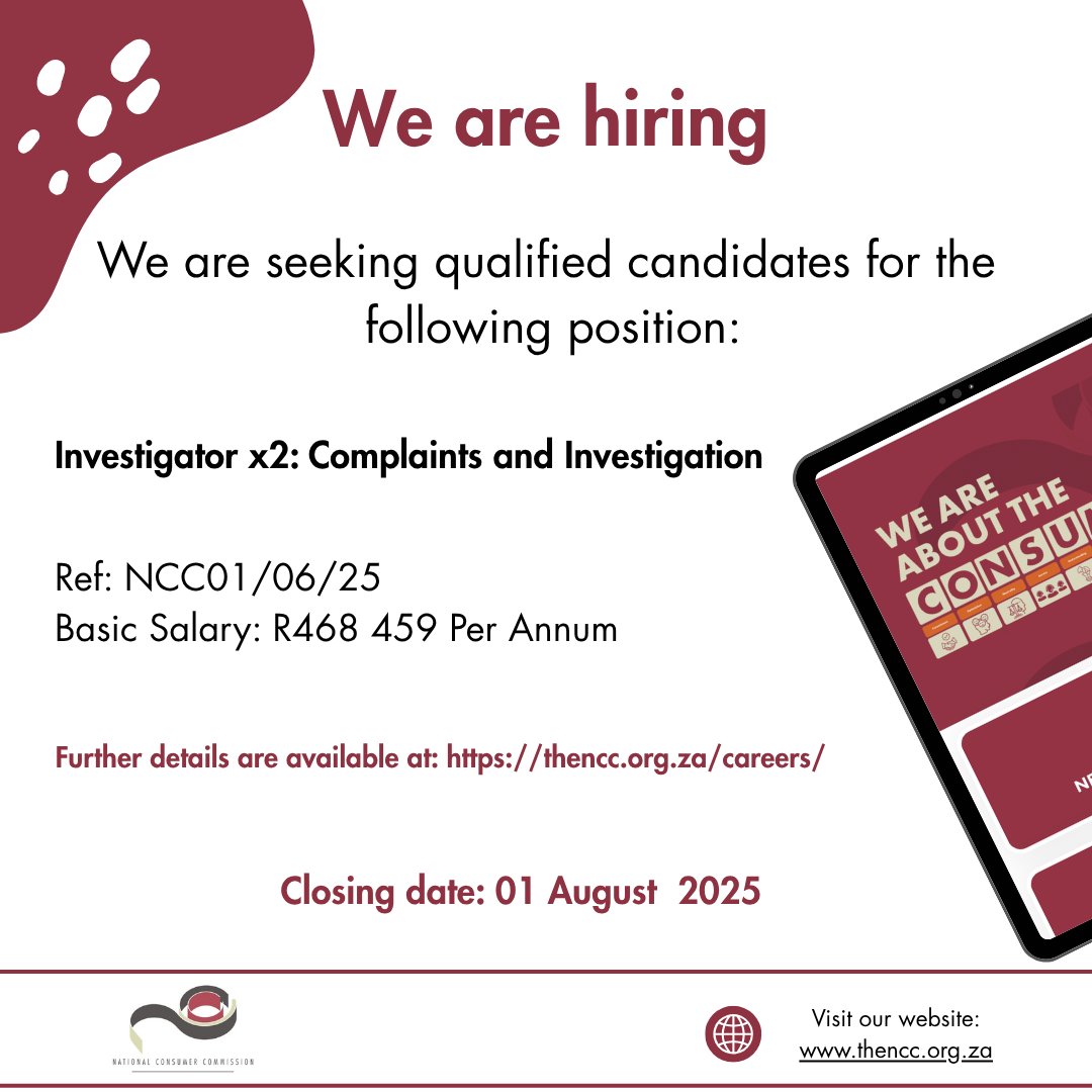 TheNCC_RSA's tweet image. Exciting career opportunity at the NCC. We invite suitably qualified candidates to apply for the position of Investigator. @PhethoN
#hirealawyer
