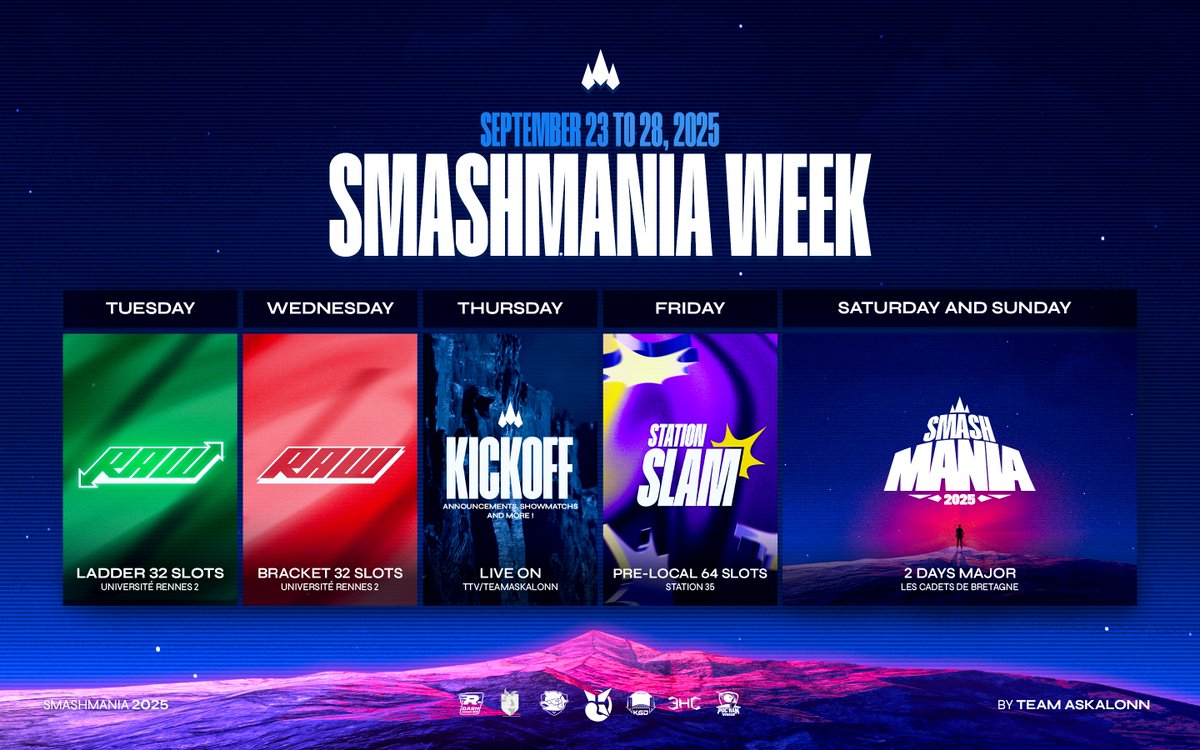 À événement exceptionnel...  warm-up exceptionnel ⚔️

Rendez-vous à partir du 23 septembre pour la SMASHMANIA WEEK à Rennes ⛰️

Inscriptions prochainement ⏰
-
Unique event... unique warm-up ⚔️

Get ready on 23/09 for the SMASHMANIA WEEK in Rennes ⛰️

Registrations coming soon ⏰