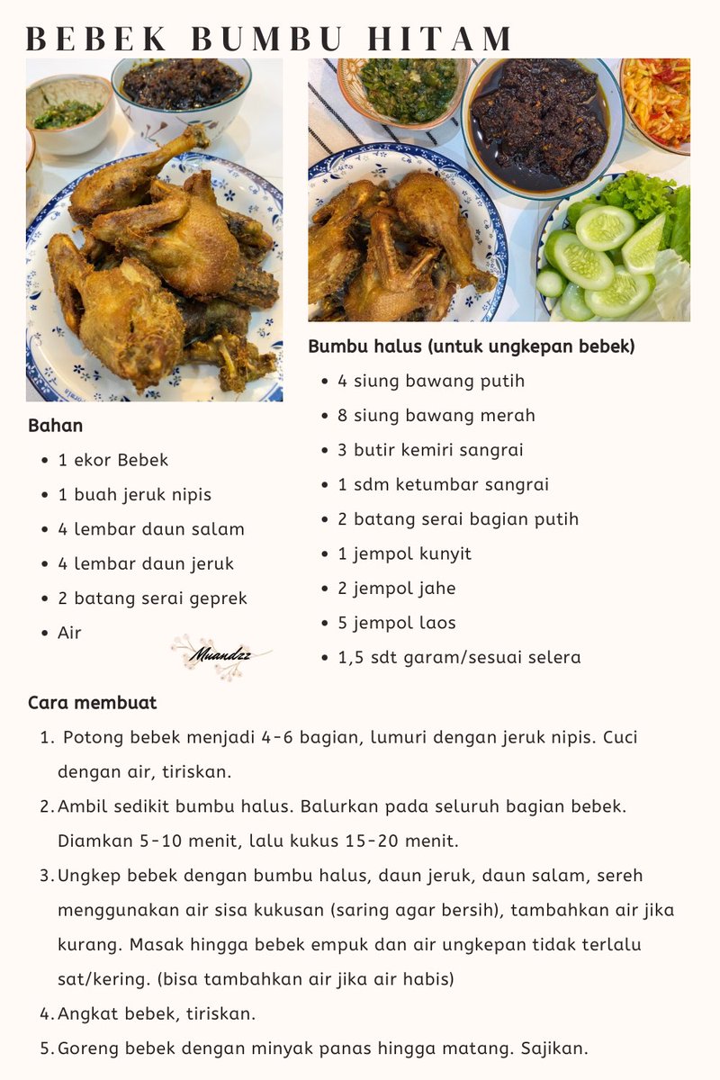muandzzz's tweet photo. Haloo temen-temen.
Aku mau share resep Bebek bumbu hitam versi aku yaa ☀️
Silahkan disesuaikan lagi dengan seleraa dan kepercayaan masing-masing 😉

Selamaat mencobaa 🥰🌷🫶🏼

#ResepMuandz https://t.co/gfa0mgzeHL