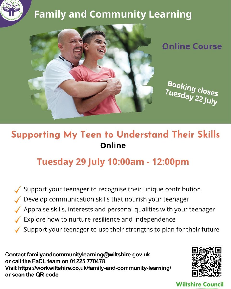 WorkWiltshire's tweet image. 👩👧👦 Want to help your teen discover their strengths & plan? Join Family and Community Learning's FREE session:
Supporting My Teen to Understand Their Skills 👌🏿
🗓️ Tues 29 July
⏰ 10am–12pm
⏳ Book by 22 July!
📲 Limited spots – sign up now! details on the flyer.