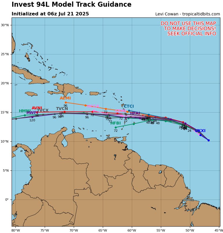 FloridaTropics1's tweet image. Good morning! First spaghetti models for #94L are shown below. Most models don’t show the system becoming much of anything but the energy will make its way through the Windward Islands and into the Caribbean later this week.