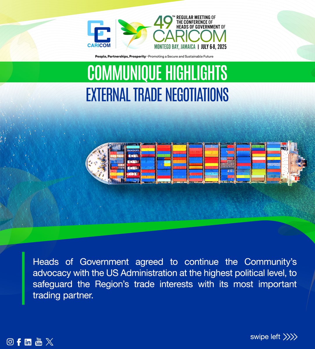 CARICOMorg's tweet image. 🤝Strengthening Trade with the United States of America (USA)
🚢 CARICOM Heads of Government have agreed to continue to safeguard the Region's trade interest with the USA 🇺🇸
➡️Swipe now to learn more.
📲 Scan the QR code or click to read the Communique now…