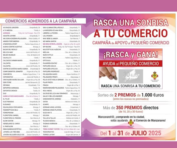 📢¡Participa en el Rasca del Pequeño Comercio de Manzanares! 
📆Hasta el 31 de julio de 2025
🎁¡Recibe un rasca, por cada 20€ de compra, y obtén tu regalo!
👉Apoya al comercio local.
📍Consulta los comercios participantes 
#RascaManzanares #PequeñoComercio #CompraLocal