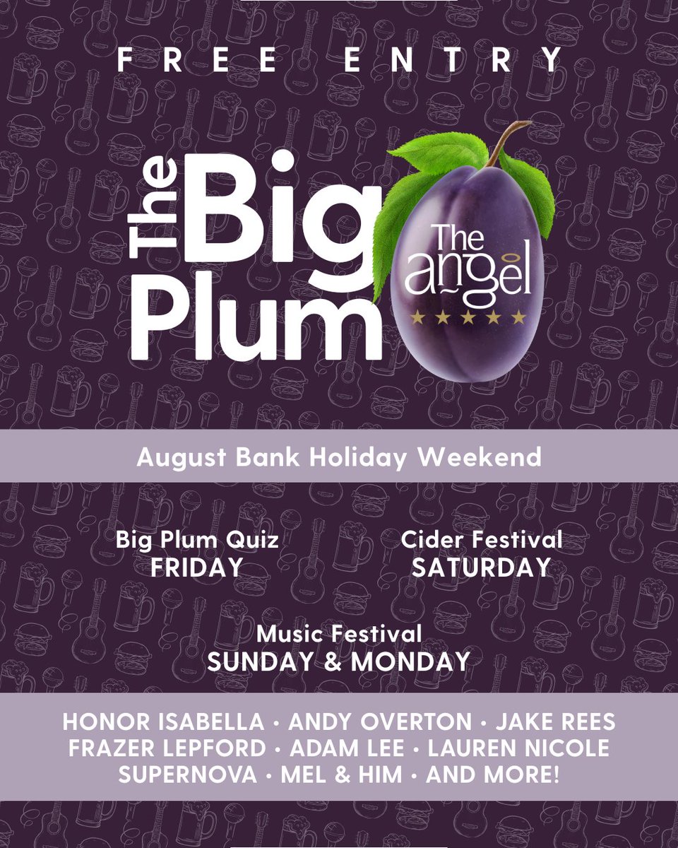 💭🧠 Big Plum Quiz: Friday 
🍏🍺 Cider Festival: Saturday - FREE ENTRY
🎸🎹 Music Festival: Sunday and Monday - FREE ENTRY

angelpershore.co.uk/events

#PershorePlumFestival #WhatsOnPershore #PershoreEvents #Pershore #WhatsOnWorcestershire #WorcestershireEvents #WorcestershireHour
