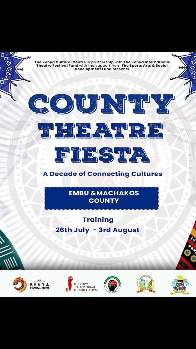 The County Theatre Fiesta is coming to Embu and Machakos Counties! From 26th July to 3rd August, join us for a vibrant week of theatre training and cultural connection.
#twendetheatre
#inspiringcreativeexpressions