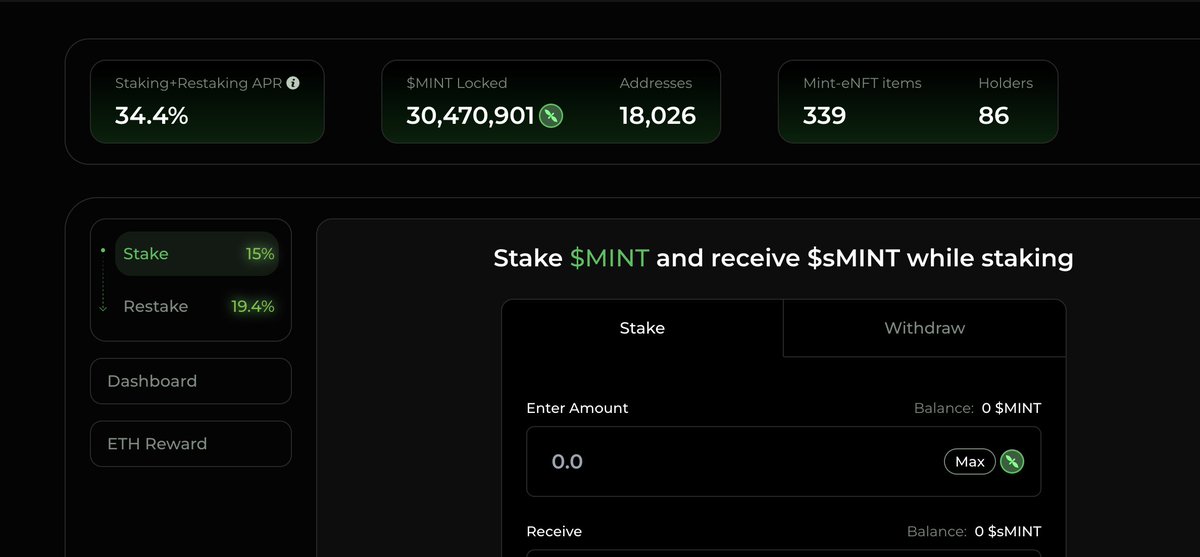 Mint_Blockchain's tweet image. 🍀📈 $MINT staking+restaking APR has reached 34.4%, with over 30M MINT already staked in the MintPool.
Stake your $MINT here: mintpool.mintchain.io