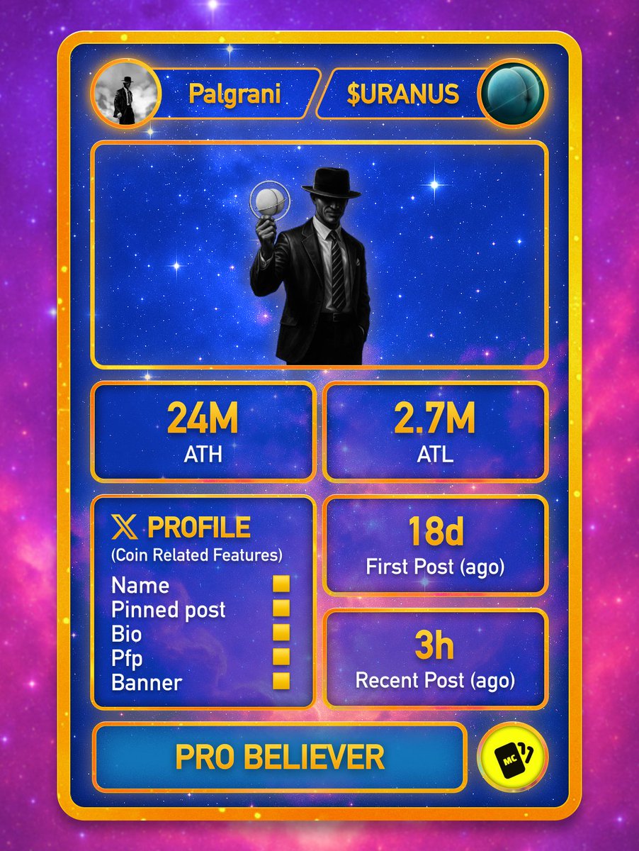 memecardz's tweet image. $URANUS Believer Card 🟡

@Palgrani2 has been believing for 18 days, still posting 3 hours ago.

ATH: 24M | ATL: 2.7M (from day of belief)