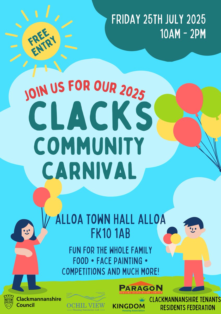 Come along to the Clacks Community Carnival this summer! 

📅 Friday 25th July 2025
🕙 10am–2pm
📍 Alloa Town Hall, FK10 1AB

There’s something for everyone! Food, face painting, games and loads of family fun. And the best part? It’s completely FREE!