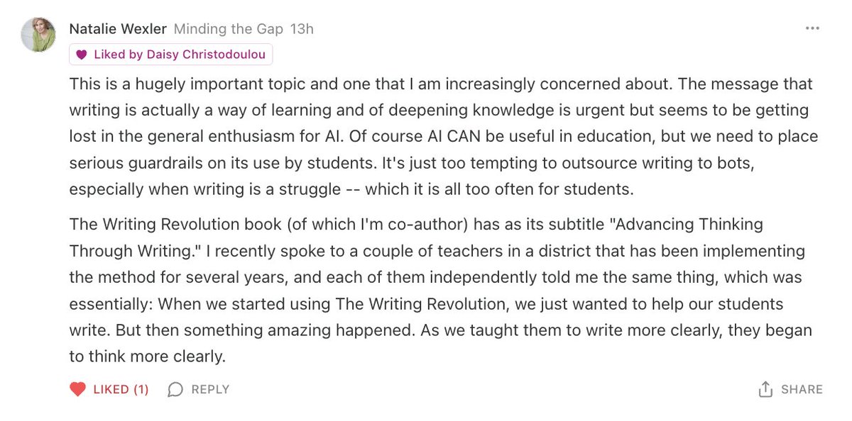 daisychristo's tweet image. When I trained to teach, the focus was on teaching the different purposes of writing. Writing to persuade, to explain, to describe.
By contrast, The Writing Revolution teach writing as a means of advancing thinking.
I think it's the latter approach that is more important in a…