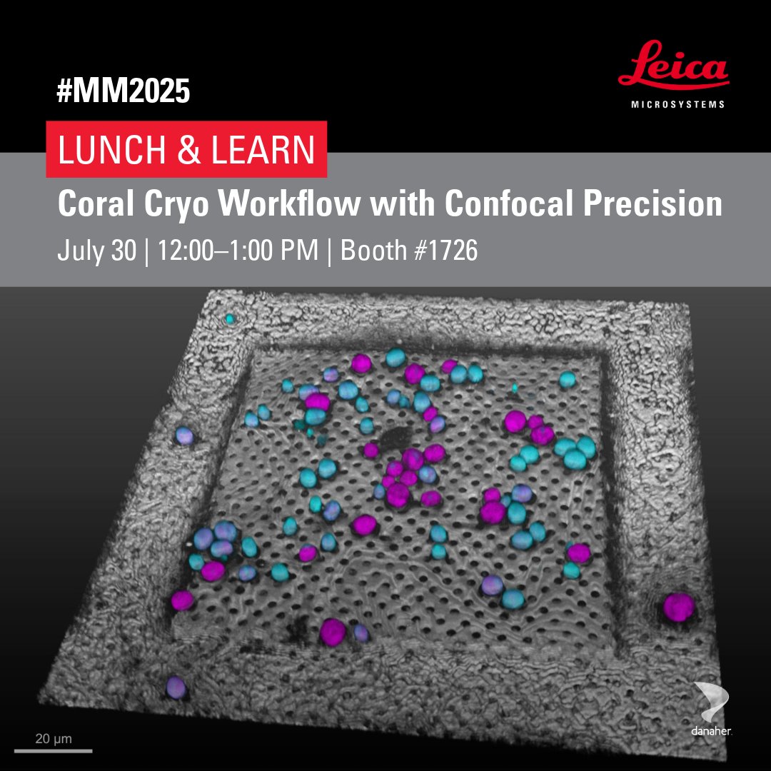 LeicaMicro's tweet image. 🔬 Join our #MM2025 Lunch & Learn on Coral Cryo Workflow! 👉️ fcld.ly/llq0dc8
📅 July 30, 12–1 PM, Booth 1726
Learn about high-precision 3D targeting, and more with speakers Seth Villarreal, Ph.D. & Haridas Pudavar, Ph.D.
#CLEM #EM