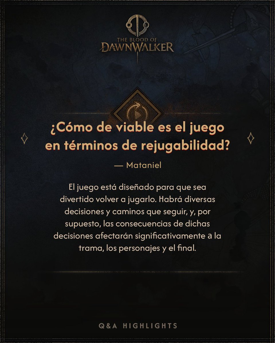 BandaiNamcoES's tweet image. ¡Seguimos respondiendo a algunas de vuestras preguntas más frecuentes sobre The Blood of Dawnwalker!
La segunda: ¿Cómo de viable es #Dawnwalker en términos de rejugabilidad?
✔️ Puedes encontrar respuestas a muchas otras preguntas en discord.gg/DawnwalkerGame