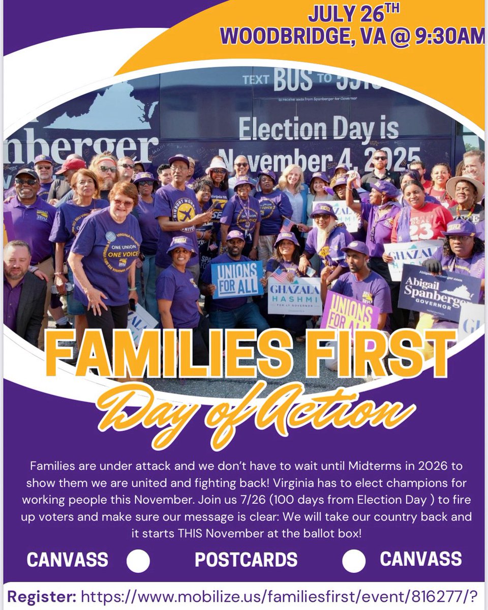 SEIU_Virginia's tweet image. 🚨Join the #FamiliesFirst National Day of Action this coming Saturday, July 26!
Join union members and working people in Woodbridge, VA to rally, knock doors & make phone calls to mobilize our community to vote.
Register today at mobilize.us/familiesfirst/…