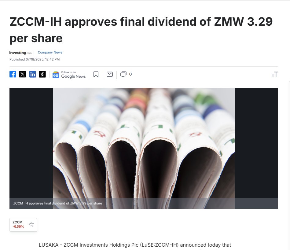 SentimentalCook's tweet image. If you own ZCCM-IH shares, you&apos;ve got a dividend coming your way. ZCCM-IH posted a record profit of K39.85 billion in 2024, a huge reversal from a loss of 4.08 billion in 2023. The Earnings Per Share (EPS) is up 1,077%. What is behind this massive jump in profit.

Let&apos;s unpack…