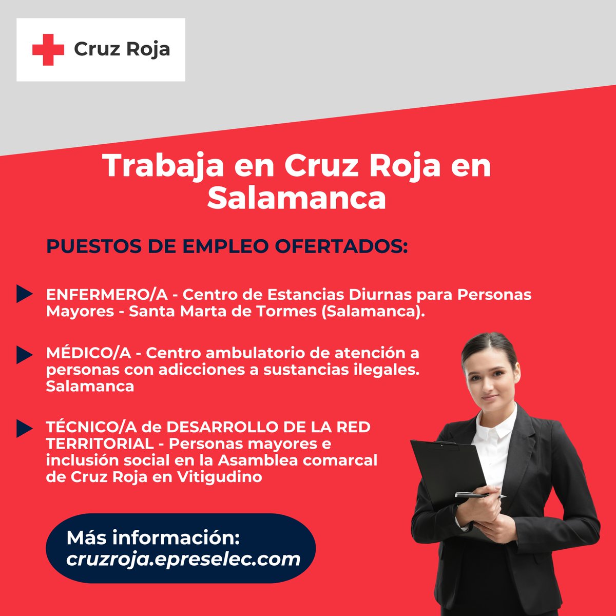 Trabaja en Cruz Roja en #Salamanca. 

Consulta aquí los perfiles de los puestos ofertados:

➡️ Enfermero/a: cruzroja.epreselec.com/Ofertas/Oferta…
➡️ Médico/a: cruzroja.epreselec.com/Ofertas/Oferta…
➡️ Técnico/a de Desarrollo de la Red Territorial: cruzroja.epreselec.com/Ofertas/Oferta…