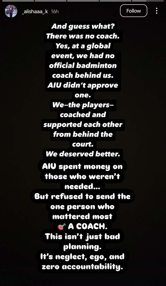 🚨 Alisha further revealed via Instagram Story!

There was no official badminton coach with the Indian Team as AIU didn't approve one

The players coached and supported each other from behind the court 🤷

Much Concerning for Indian Badminton!  🇮🇳🏸