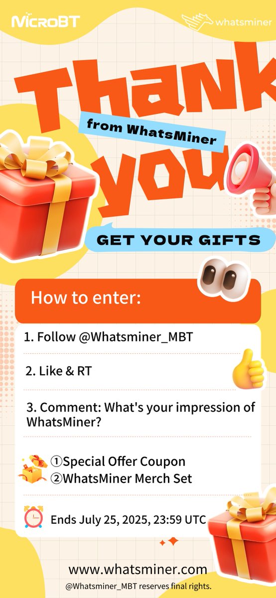 WhatsMiner (@whatsminer_mbt) on Twitter photo 🔥THANK-YOU GIVEAWAY🔥
We're giving back to our amazing WhatsMiner community:
🎟️All participants: Special offer coupon for whatsminer.com
🎁5 lucky winners: WhatsMiner merch set (including T-shirt, cap & sports pack)
How to enter:
1️⃣ Follow <a href="/Whatsminer_MBT/">WhatsMiner</a>
2️⃣ Like & RT 🔥THANK-YOU GIVEAWAY🔥
We're giving back to our amazing WhatsMiner community:
🎟️All participants: Special offer coupon for whatsminer.com
🎁5 lucky winners: WhatsMiner merch set (including T-shirt, cap & sports pack)
How to enter:
1️⃣ Follow <a href="/Whatsminer_MBT/">WhatsMiner</a>
2️⃣ Like & RT