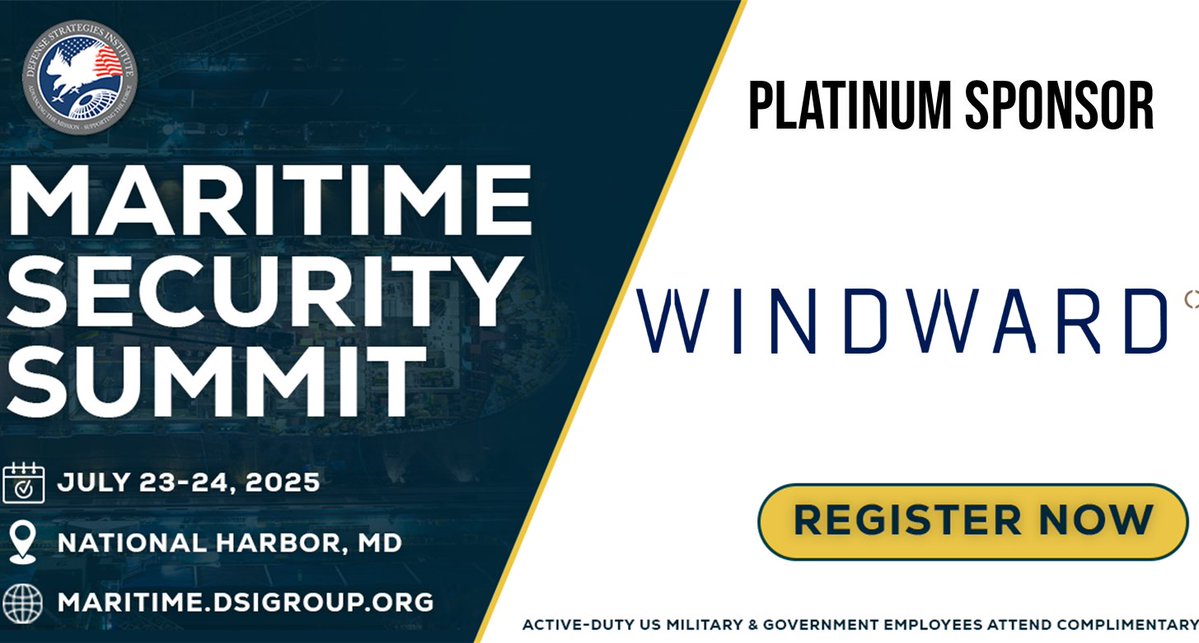 WindwardAI's tweet image. Without full domain awareness, critical infrastructure stays exposed.
Join us at DSI’s Maritime Security Summit to explore how innovation is reshaping maritime security and protection.
🗓️ July 23–24, 2025 | 📍National Harbor, MD
hubs.la/Q03x_n_k0