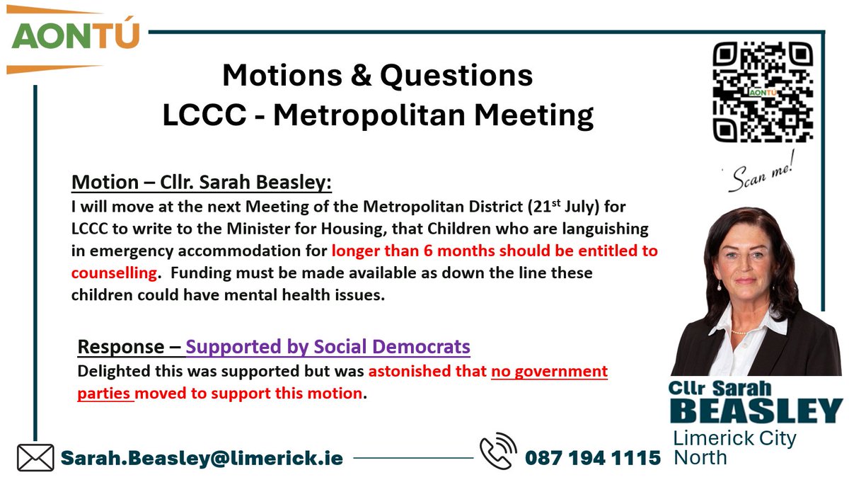 AontuL's tweet image. 📝 Today's Motion at LCCC Metro Meeting📝
We have to look out for children who have been languishing in emergency accommodation. In some cases they have never known anything else! Why did the government parties also not support this?
#AontúCares