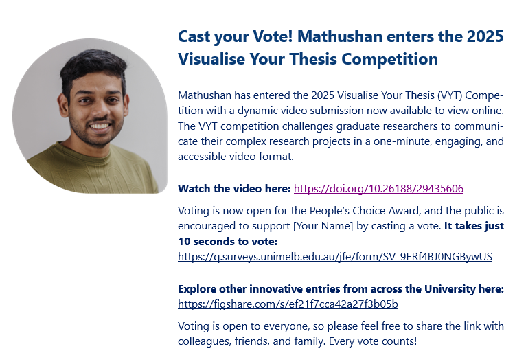 ChemistryUoM's tweet image. Cast your vote!
Mathushan, one of our PhD GRs @ChemistryUoM, entered the "2025 Visualise Your Thesis Competition"
Watch the video here: doi.org/10.26188/29435…
Vote for the People’s Choice Award here: q.surveys.unimelb.edu.au/jfe/form/SV_9E…
Explore other entries here: figshare.com/s/ef21f7cca42a…