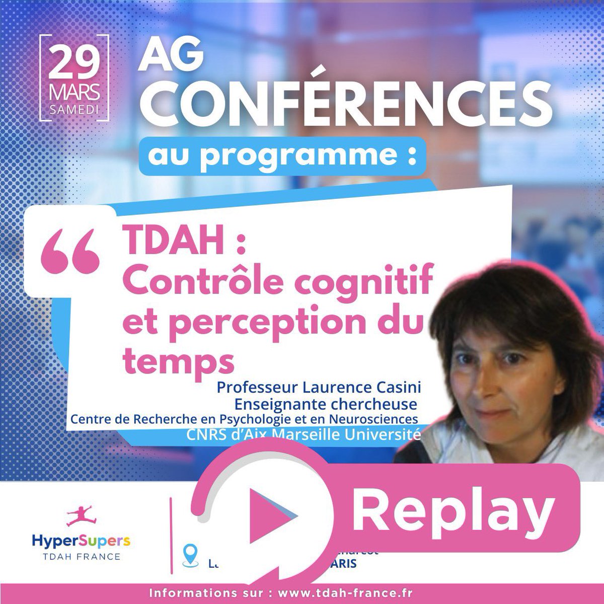 🎬AG 2025 ➡️ #replay
📍" TDAH : Contrôle cognitif et perception du temps". 
📌 L'intervention du Pr. Laurence Casini, enseignante chercheuse au CNRS d'Aix Marseille, disponible en replay.
ℹ️  Dans votre espace Adhérent👇#tdah #conference 
tdah-france.fr/TDAH-Controle-…