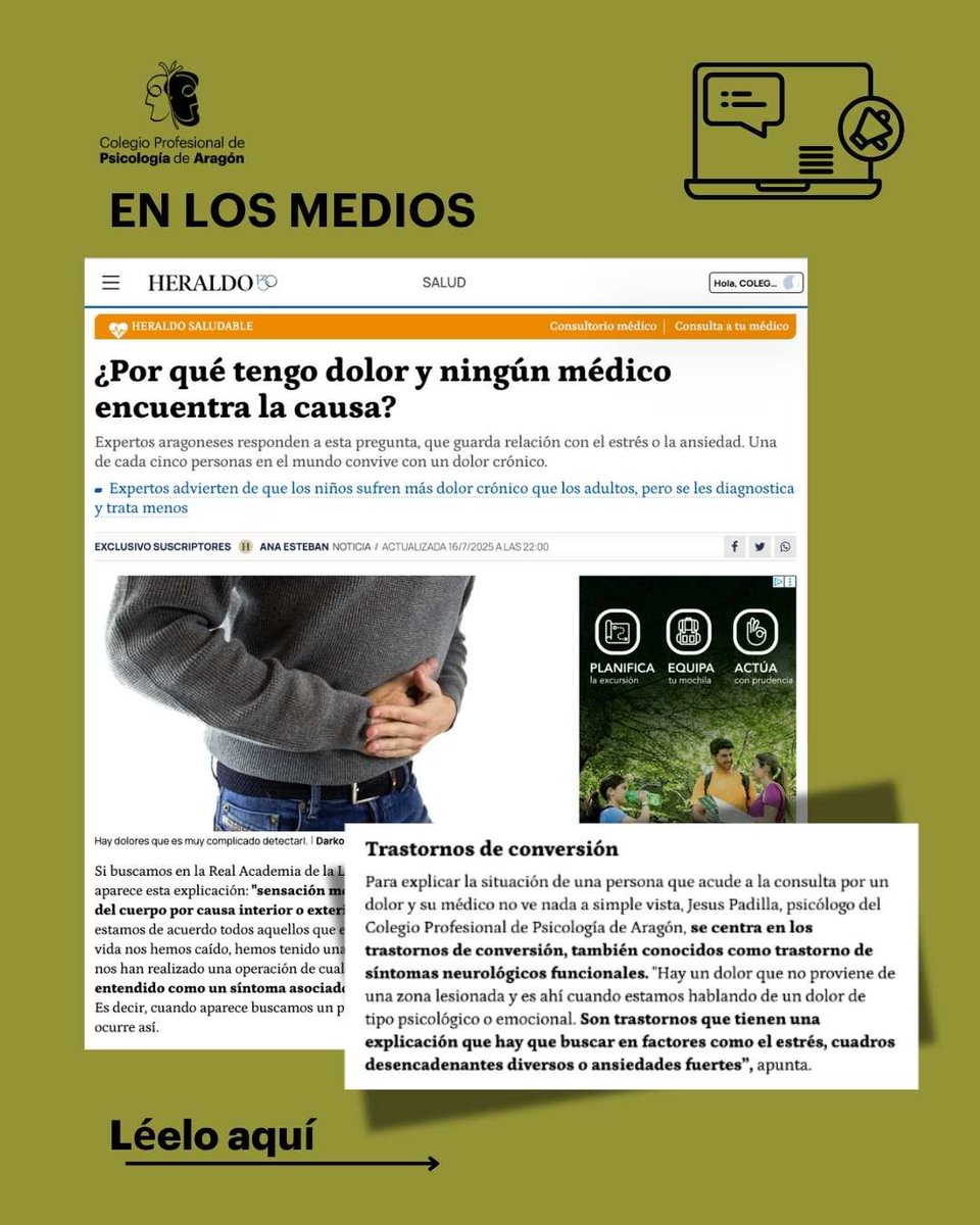 Colegio Profesional de Psicología de Aragón, COPPA (@copparagon) on Twitter photo "Hay un dolor que no proviene de una zona lesionada y es ahí cuando estamos hablando de un dolor de tipo psicológico o emocional”, apunta Jesús Padilla, Psicólogo colegiado del #COPPA en este artículo sobre #dolor publicado en <a href="/heraldoes/">Heraldo de Aragón</a>
Puedes leerlo aquí heraldo.es/noticias/salud… "Hay un dolor que no proviene de una zona lesionada y es ahí cuando estamos hablando de un dolor de tipo psicológico o emocional”, apunta Jesús Padilla, Psicólogo colegiado del #COPPA en este artículo sobre #dolor publicado en <a href="/heraldoes/">Heraldo de Aragón</a>
Puedes leerlo aquí heraldo.es/noticias/salud…