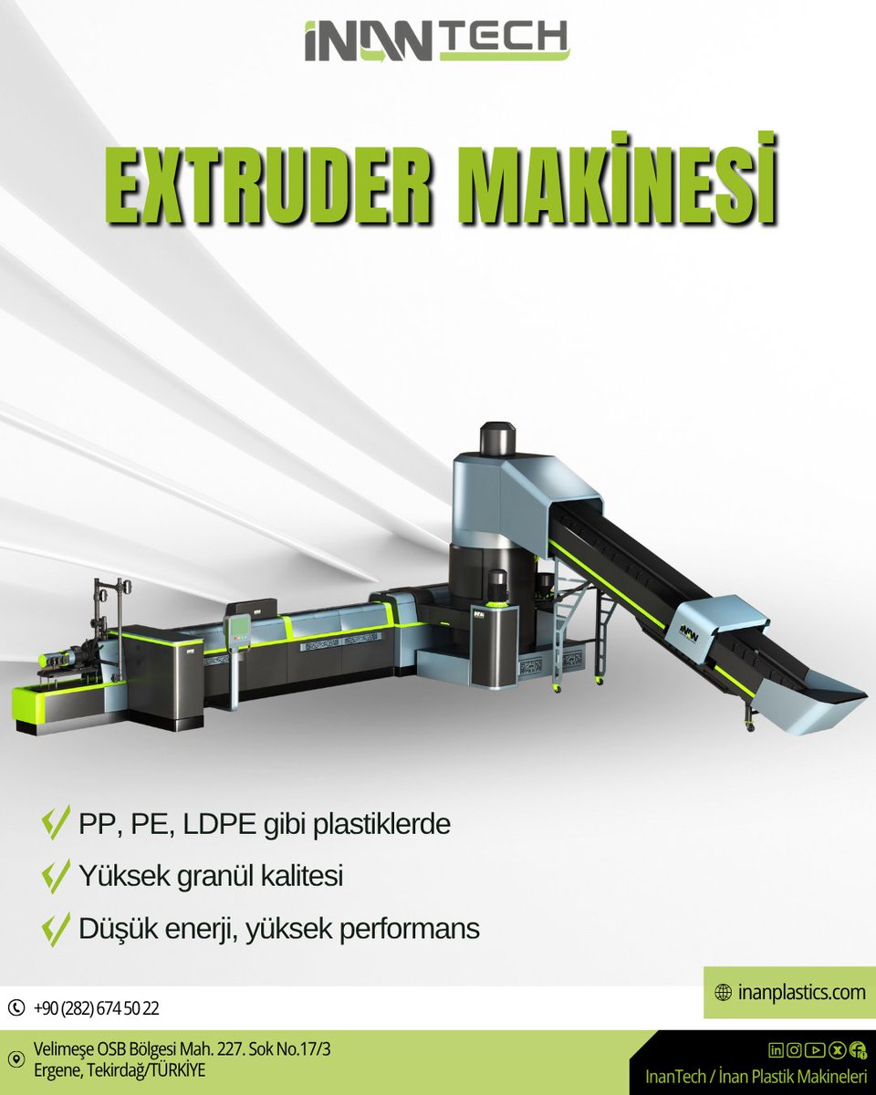 InanTech's tweet image. İnanTech’in Extruder Makinesi ile plastik geri dönüşümde yüksek performans ve enerji tasarrufu bir arada!
1000-1200 kg/saat kapasite, vakumlu gaz alma, PLC kontrol ve dayanıklı yapı.

Detaylar için bize ulaşın! ♻️🔧
🌐 inanplastics.com

#İnanTech #EkstruderMakinesi