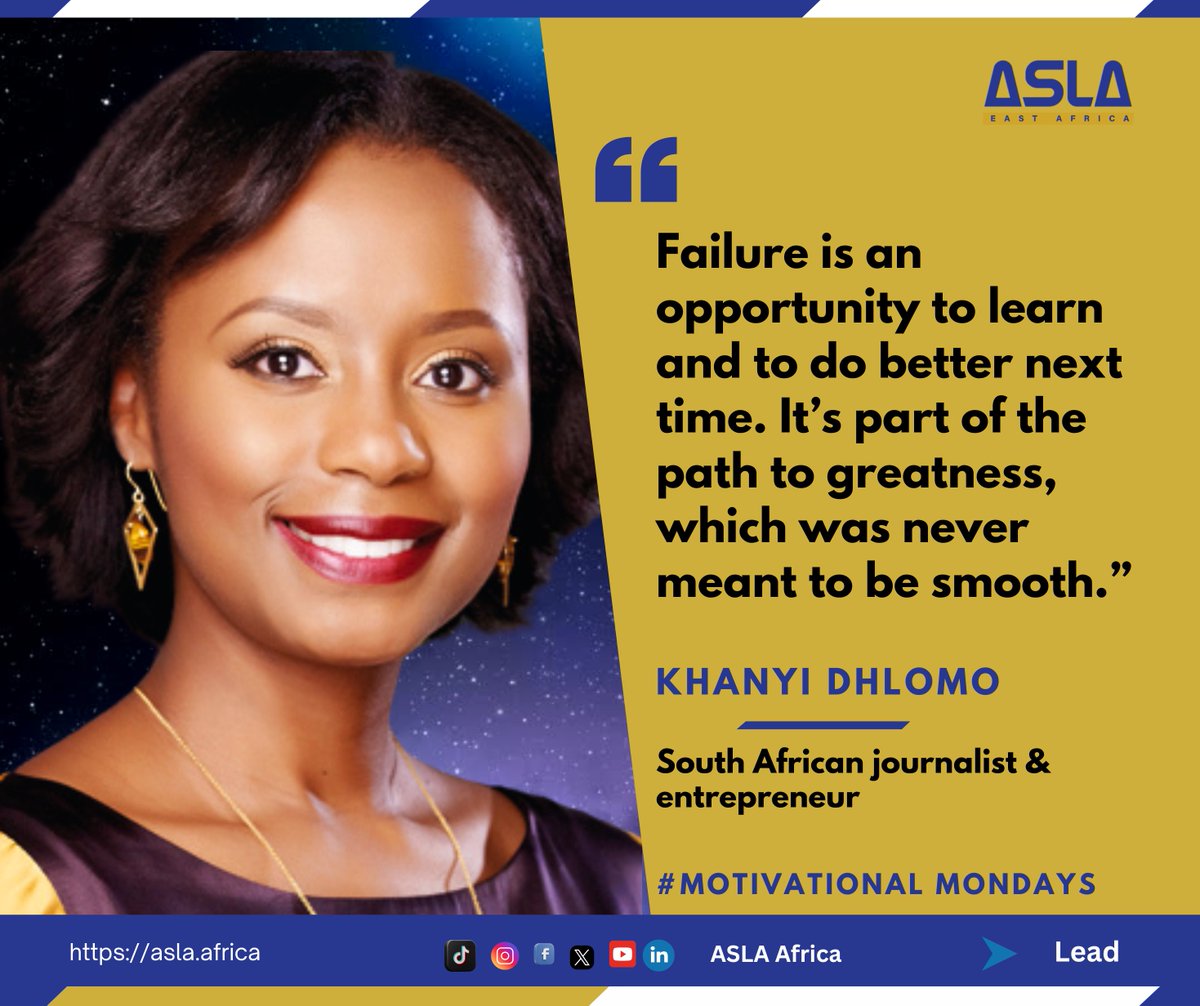 aslaafrica's tweet image. As Khanyi Dhlomo reminds us, every stumble is a stepping stone. Greatness isn’t handed to us on a silver plate; it’s carved through setbacks, self-reflection, and the courage to rise again.
Let failure teach you. Let it shape you. Then walk forward; wiser, bolder, unstoppable.