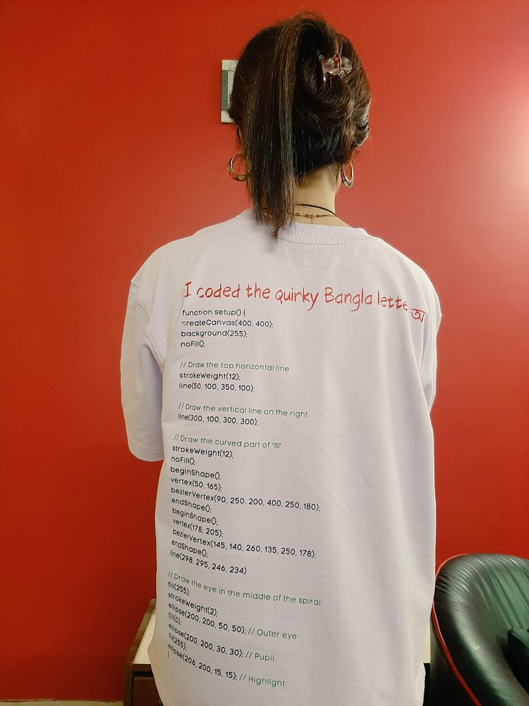 SonaliDutta11's tweet image. Happy like a kid to share this. 😄
My Durga Puja Special ~
I designed and coded this myself!
The front shows a quirky Bangla letter “অ” with an eye.
The back? That's actual p5.js code that drew it.
It’s more than a T-shirt. It’s a story in my language, in code, telling that…