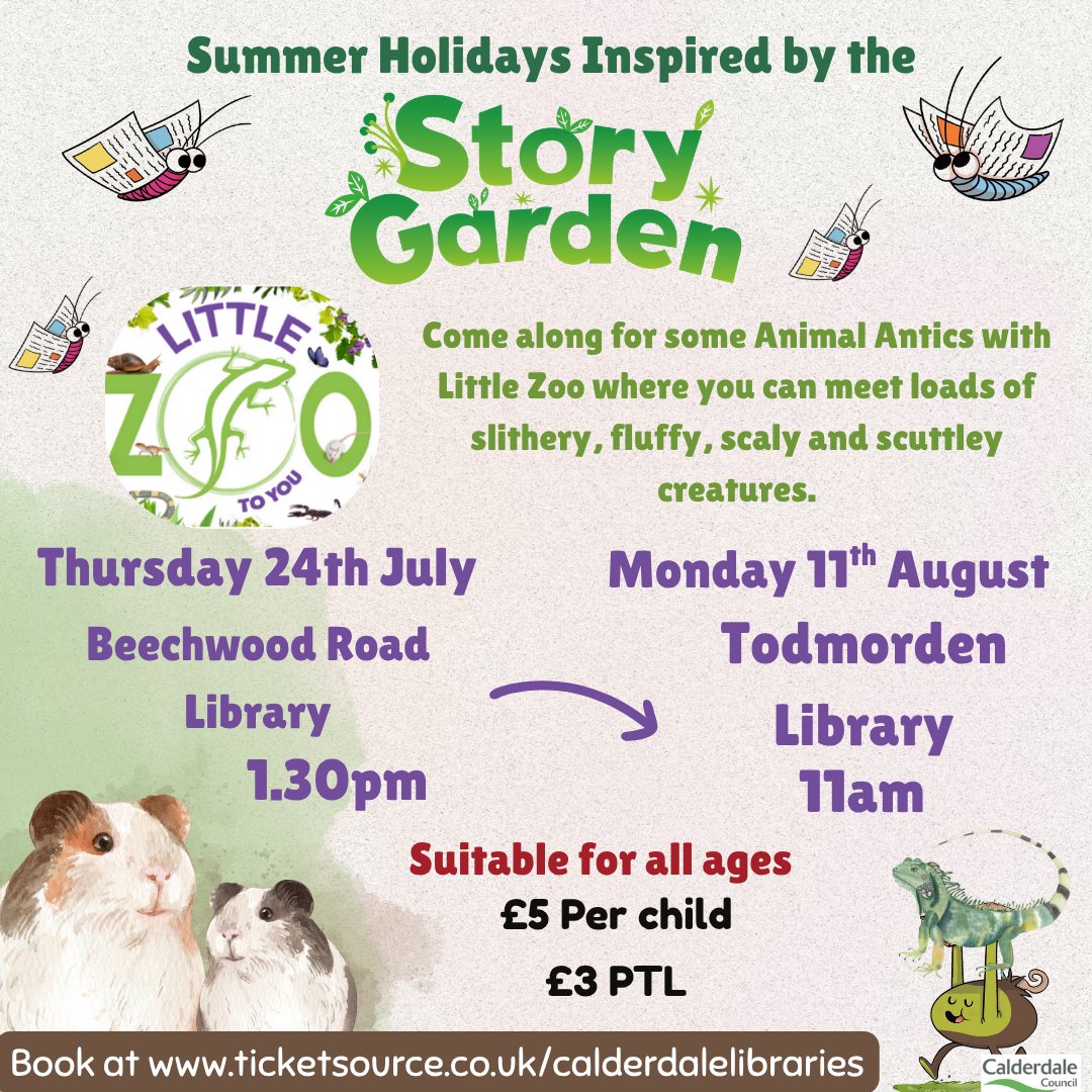 CMBClibraries's tweet image. Due to popular demand we have increased our ticket numbers for all our Little Zoo, Animal Antics sessions.
So come along to meet some slithery, furry, scaly and scuttley creatures at Beechwood Road Library and Todmorden Library.
To find out more at ticketsource.co.uk/calderdalelibr….